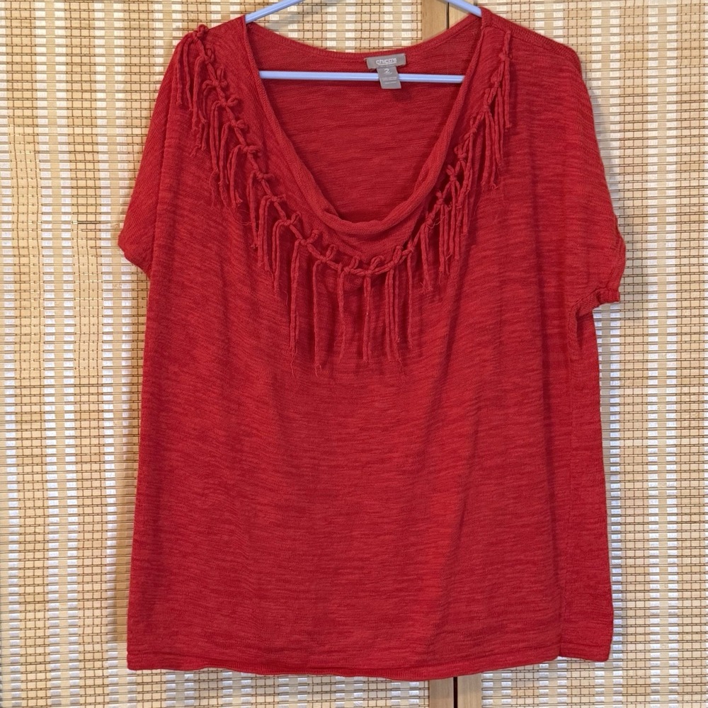 Chicos Womens 2/L Red Cowl Neck Fringe‎ Short Sleeve Cotton Boho Tunic Western